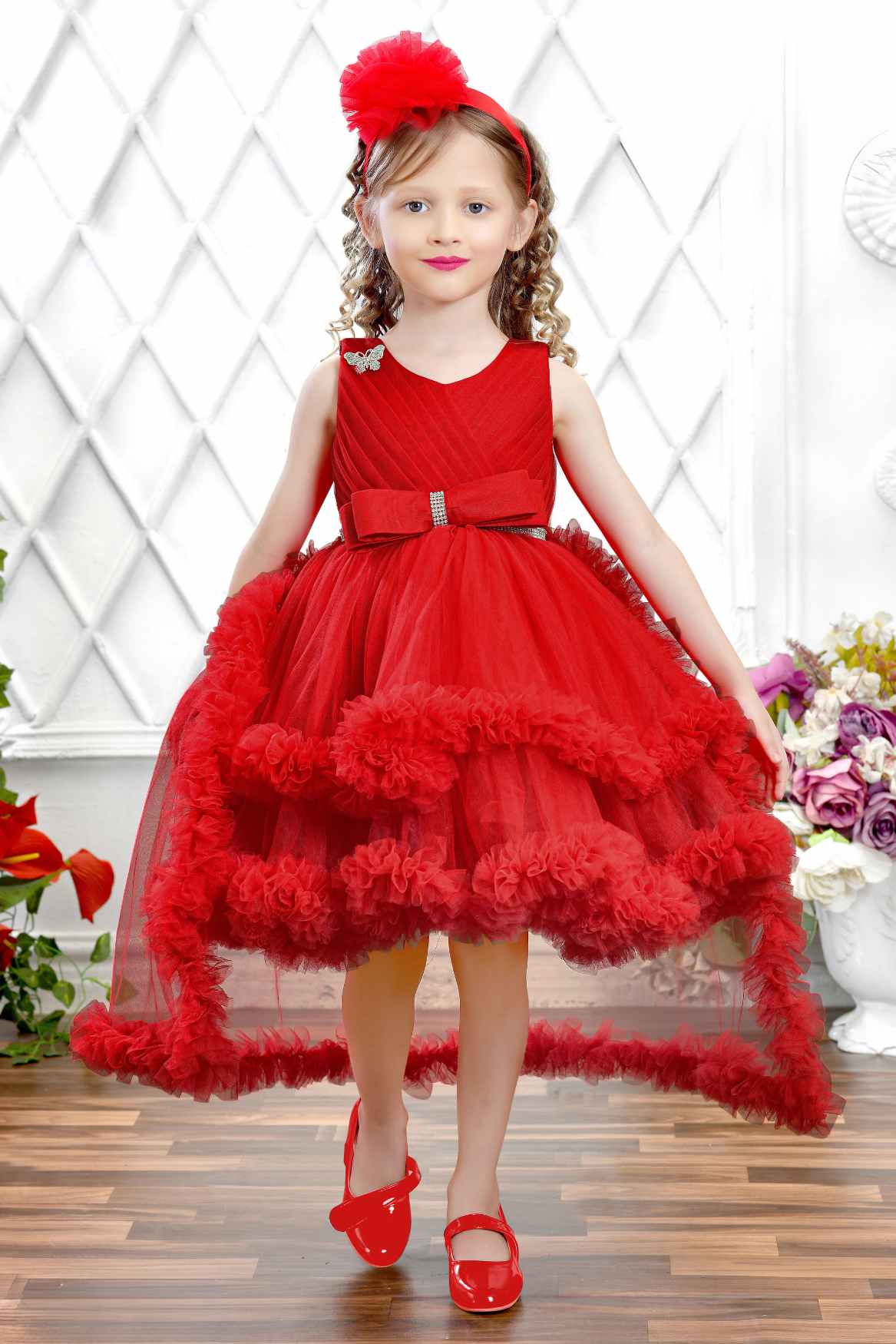 Red Net Party Wear Tailback Frock Embellished Bow For Girls