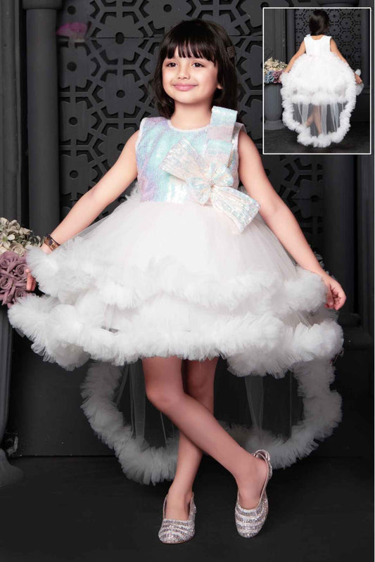 White Sleeveless And Sequins With Bow Embellished Tailback Frock For Girls