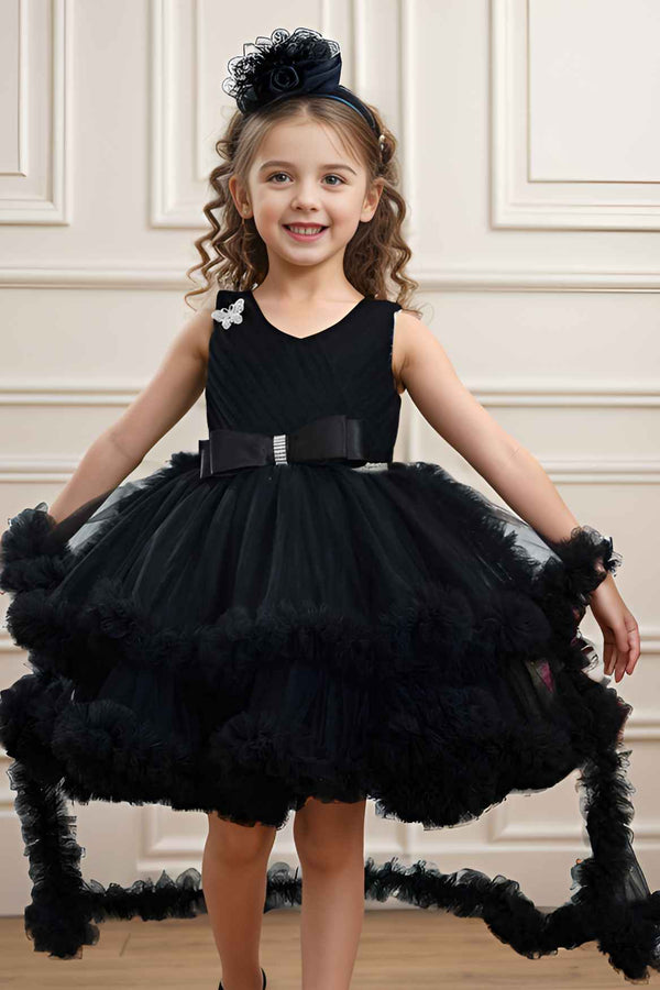 Black Net Party Wear Tailback Frock Embellished Bow For Girls