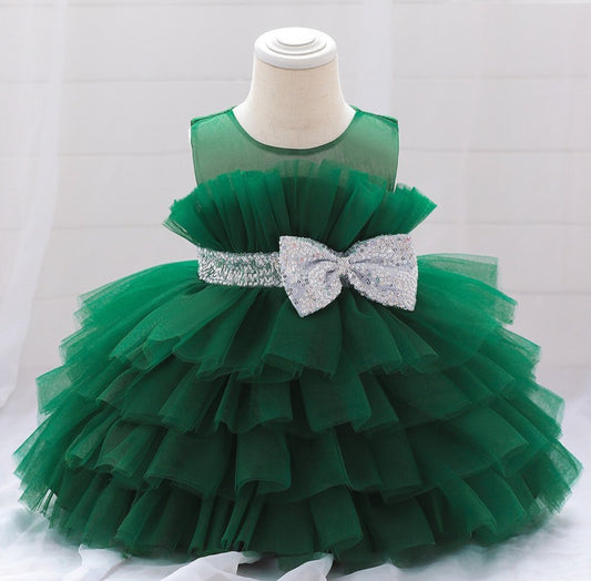 BABY PROUD GREEN PARTY WEAR FROCK WITH HAIR BAND