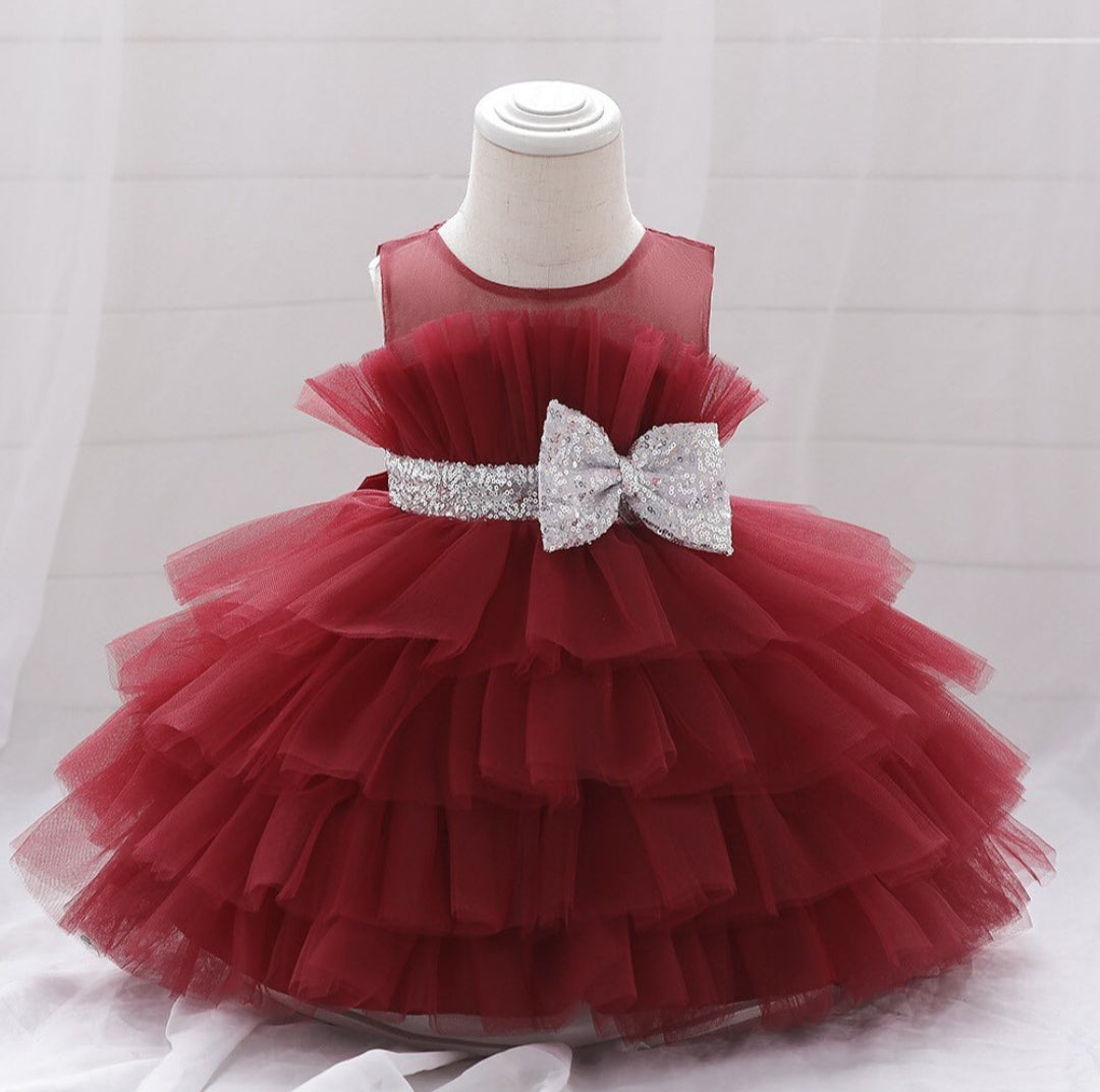 BABY PROUD MROON PARTY WEAR FROCK WITH HAIR BAND