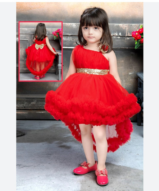Red Color high & Low party wear dress