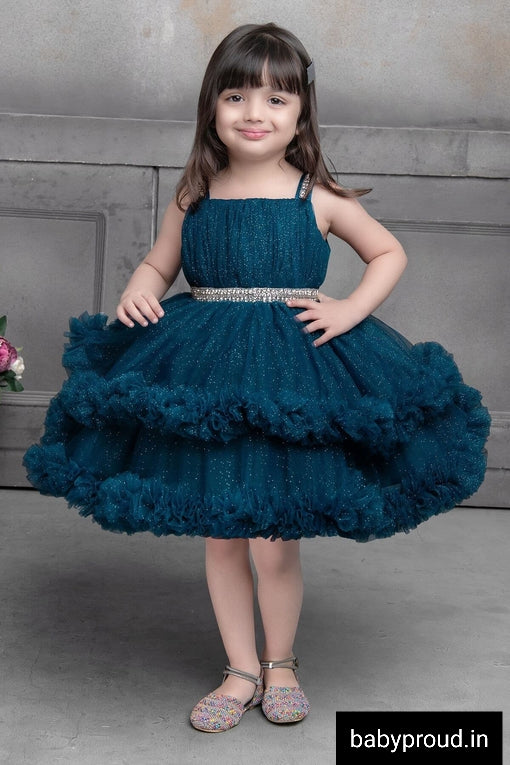 Babyproud Teal Net Sparkle Kids Girls Party Dress