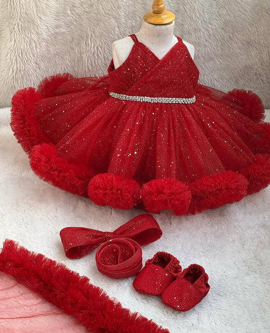 BABY PROUD PARTY WEAR FROCK ,WITH SHOES, HAIR BAND AND TAIL