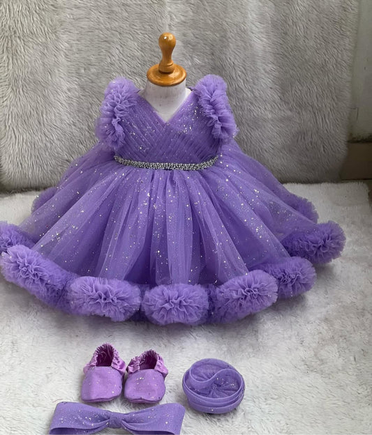 BABY PROUD PARTY WEAR FROCK ,WITH SHOES, HAIR BAND AND TAIL