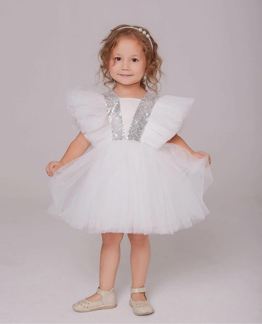 White Sleeveless And Sequins With Bow Embellished Frock For Girls