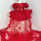 Red Sleeveless And Sequins With Bow Embellished Tailback Frock For Girls