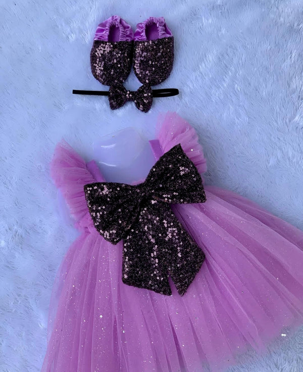 BABY PROUD PARTY WEAR FROCK ,HAIR BAND & SHOES WITH