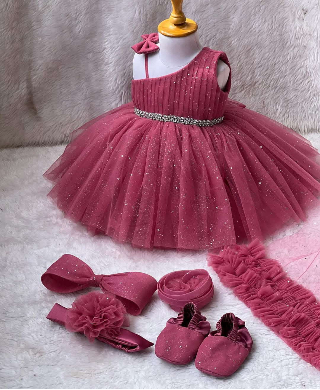 Beautiful Birthday Party Frock Dress Hair Band & Shoes