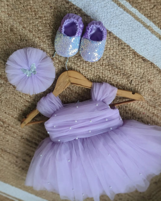 Beautiful Birthday Party Frock Dress Hair Band & Shoes