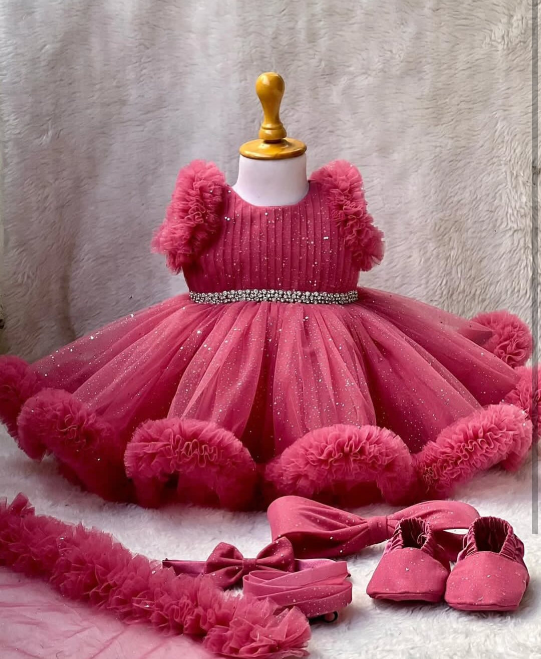 BABY PROUD PARTY WEAR FROCK ,WITH SHOES, HAIR BAND AND TAIL