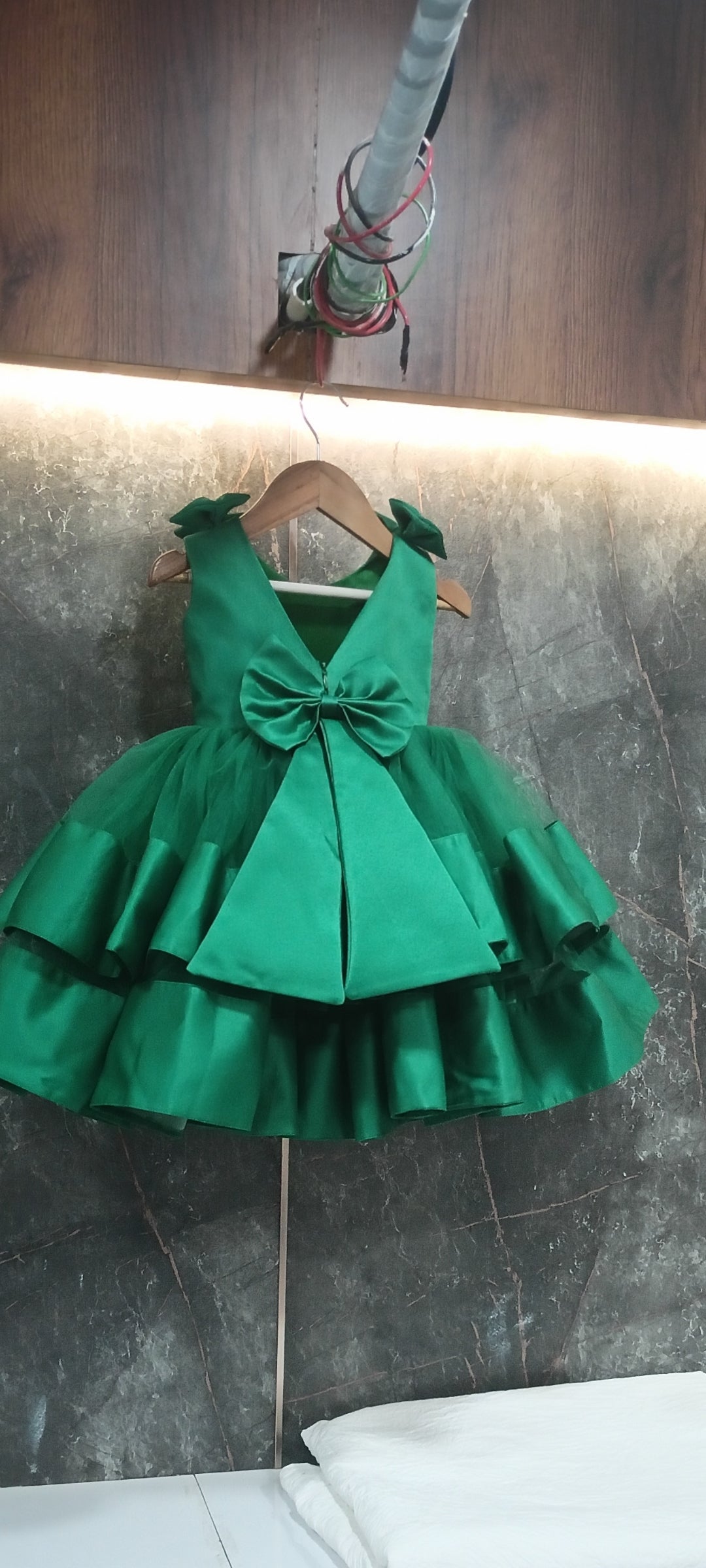 BABY PROUD DARK GREEN PARTY WEAR FROCK WITH HAIR BAND