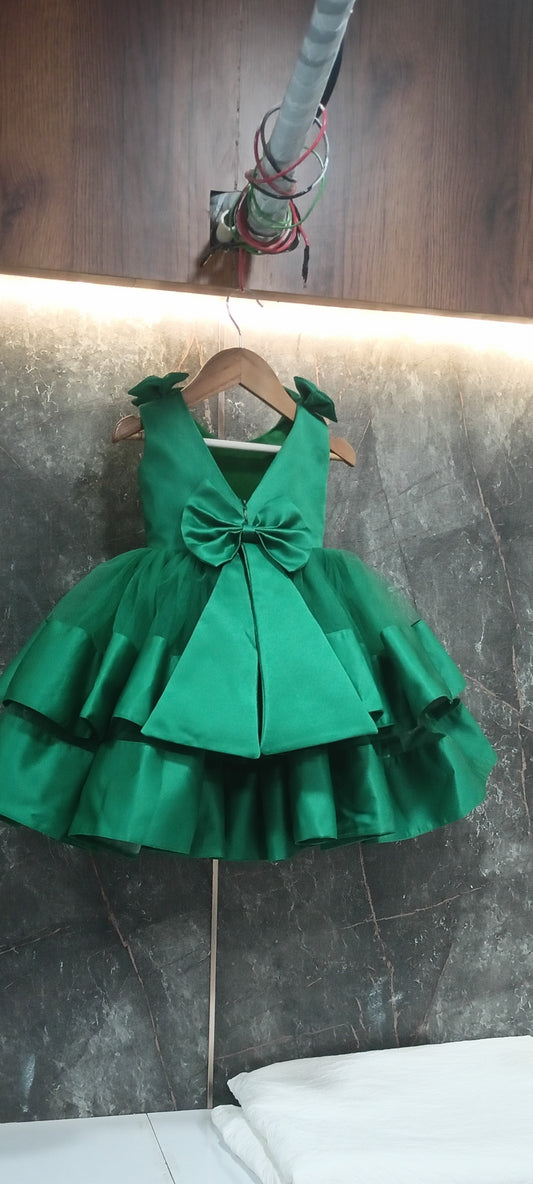 BABY PROUD DARK GREEN PARTY WEAR FROCK WITH HAIR BAND