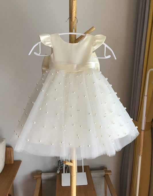 Baby proud White Net Pearls Party Wear Kids Baby Frock