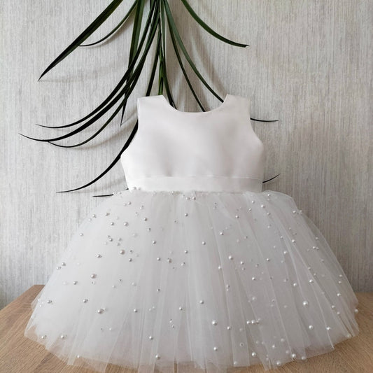 Babyproud White Net Pearls Party Wear Kids Baby Frock