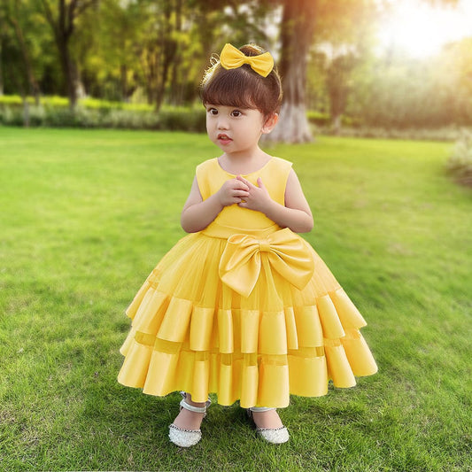 Babyproud Yellow Color Net Sleeveless Kids Baby Frock