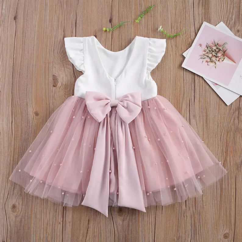 BABY PROUD WHITE AND PEACH COLOR FROCK WITH HAIR BAND